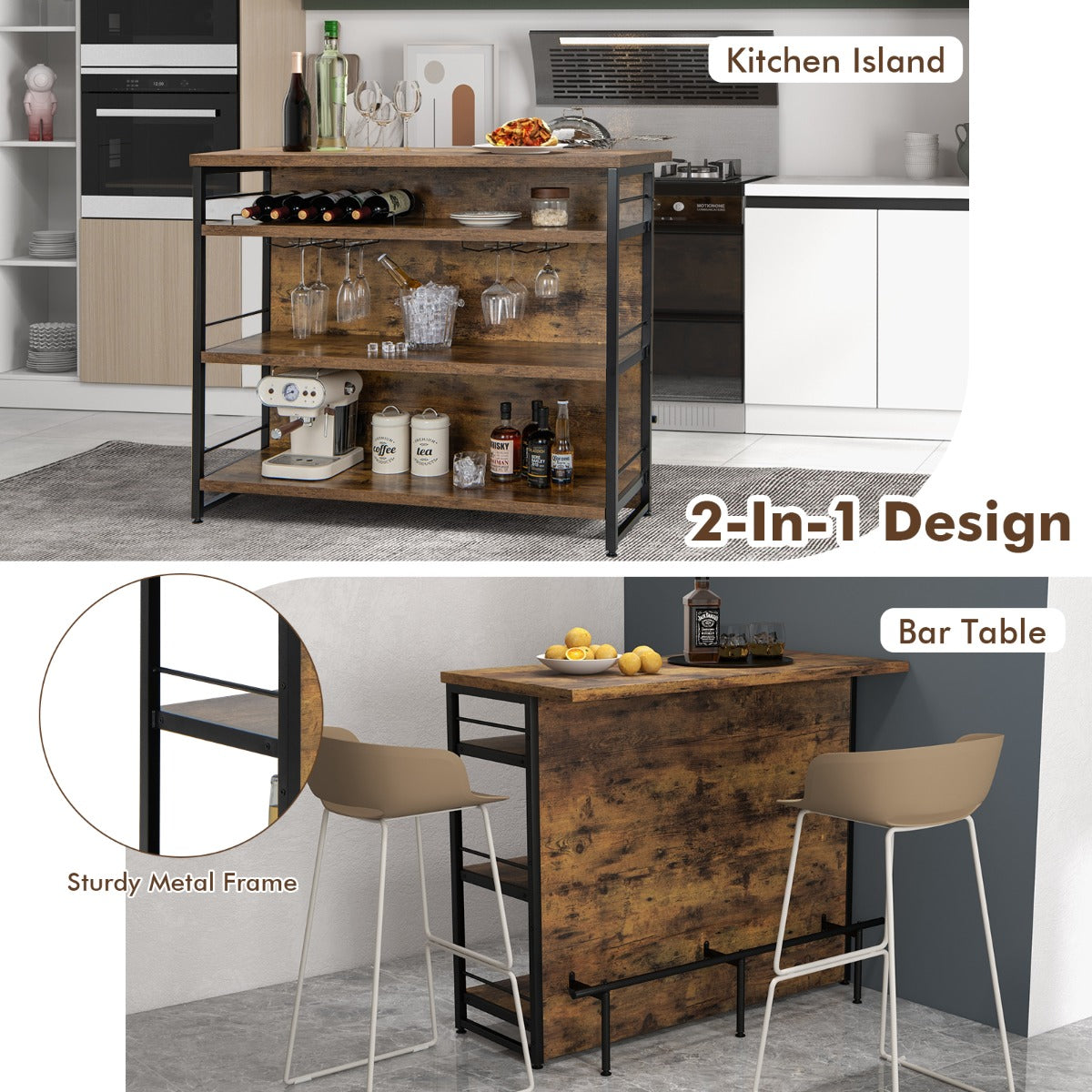 Industrial Home Bar Unit with 3 Open Shelves-Brown