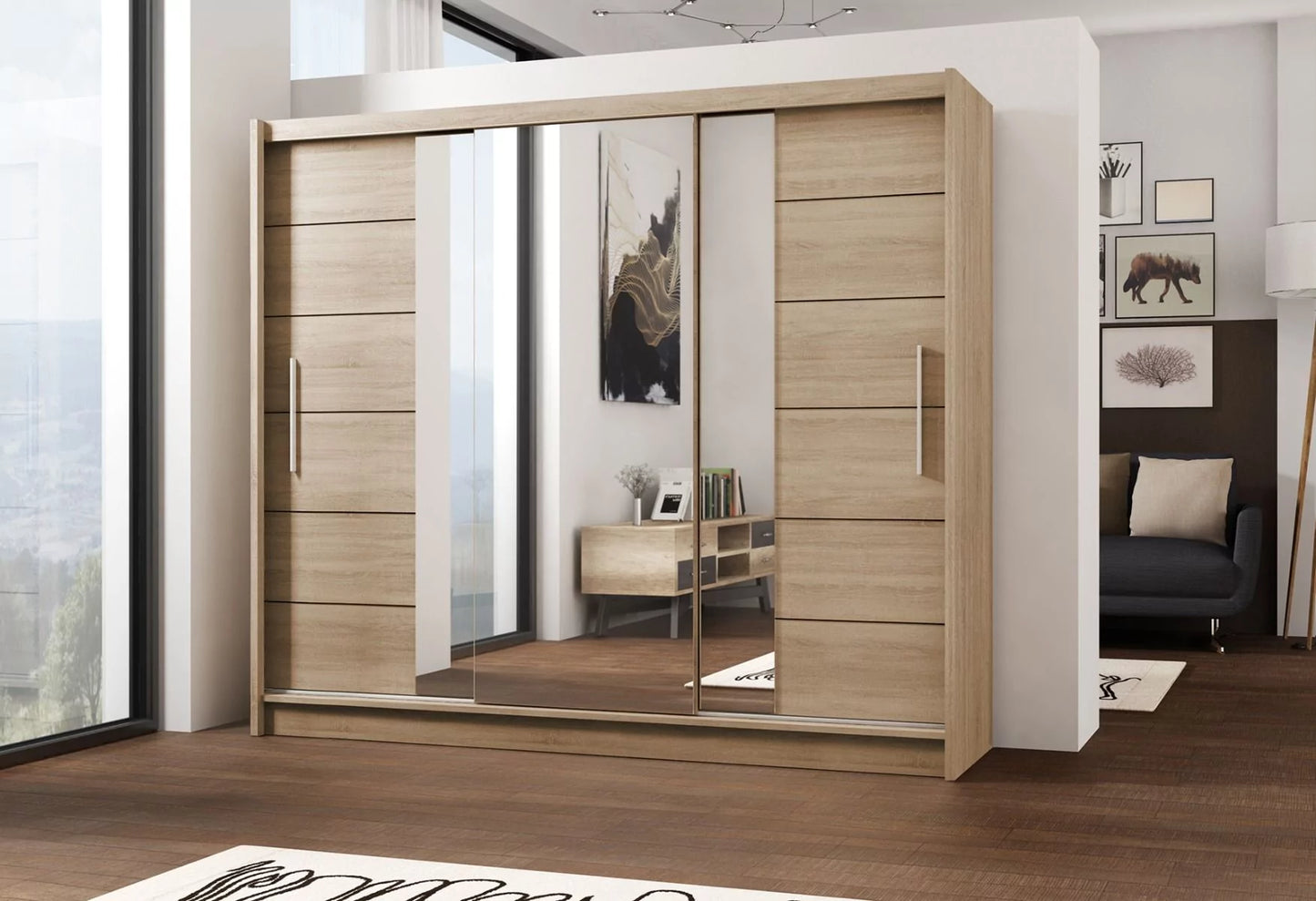 Louane 3 Door Sliding 250cm Wardrobe with Mirror - Oak Sonoma