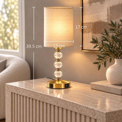 HOMCOM Bedside Lamp, Modern Crystal Decoration Table Lamp with PVC shade, USB A+C Charging Ports, Bulb Not Included, Gold Tone