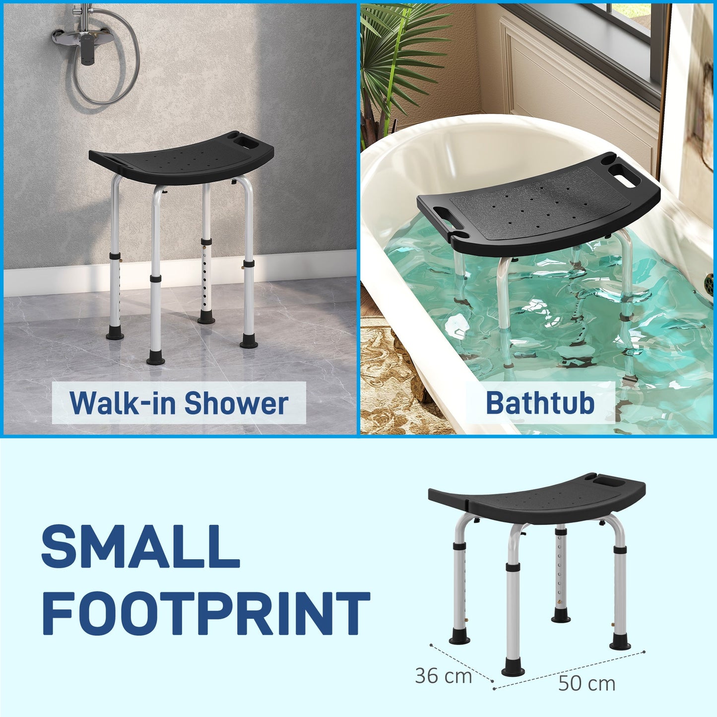 HOMCOM Height Adjustable Bath Stool, Aluminium Shower Stool with Non-Slip Pads for Elderly, Disabled, Seniors, Pregnant, Black