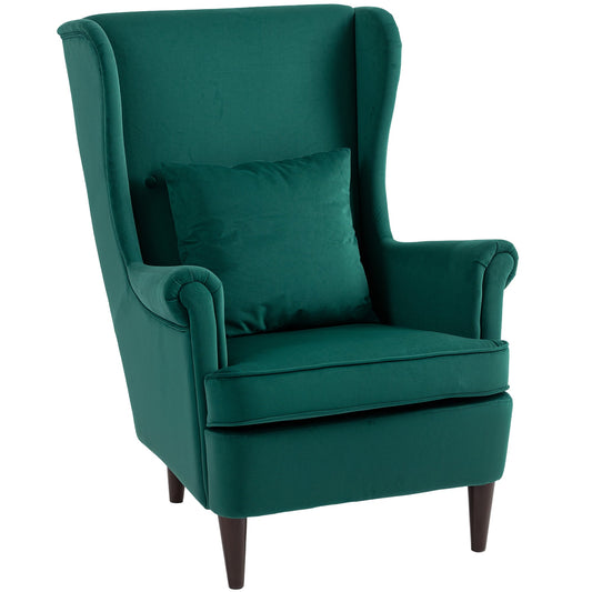 HOMCOM Modern Accent Chair, Upholstered Wingback Armchair with High Backrest and Pillow, Velvet-Feel Fabric Reading Chair with Solid Wood Legs for Living Room, Bedroom, Home Office, Dark Green