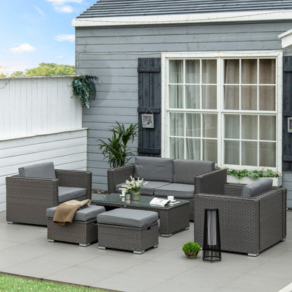 Outsunny 6 Piece Garden Rattan Sofa Set Outdoor Furniture Patio Table Loveseat Stool Lounging Ottoman Aluminium Frame Wicker Weave Conservatory Grey