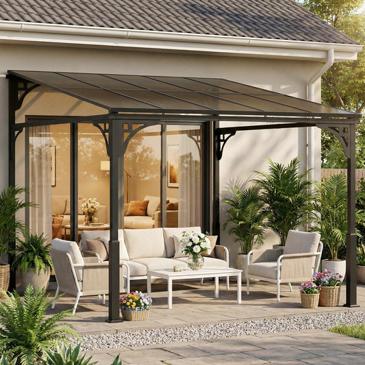 Outsunny 3 x 2.87 m Metal Lean-to Pergola, Wall-Mounted Hardtop Garden Pergola with Polycarbonate Roof and Metal-Aluminium Frame