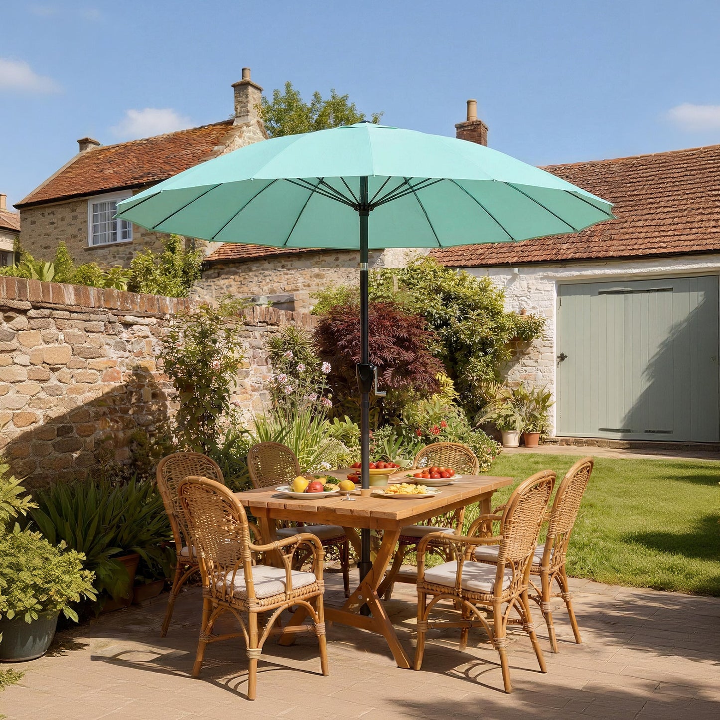 Outsunny 2 m Shanghai Garden Parasol Umbrella with 16 Fibreglass Ribs, Outdoor Parasol Sun Shade with Crank & Tilt, Turquoise