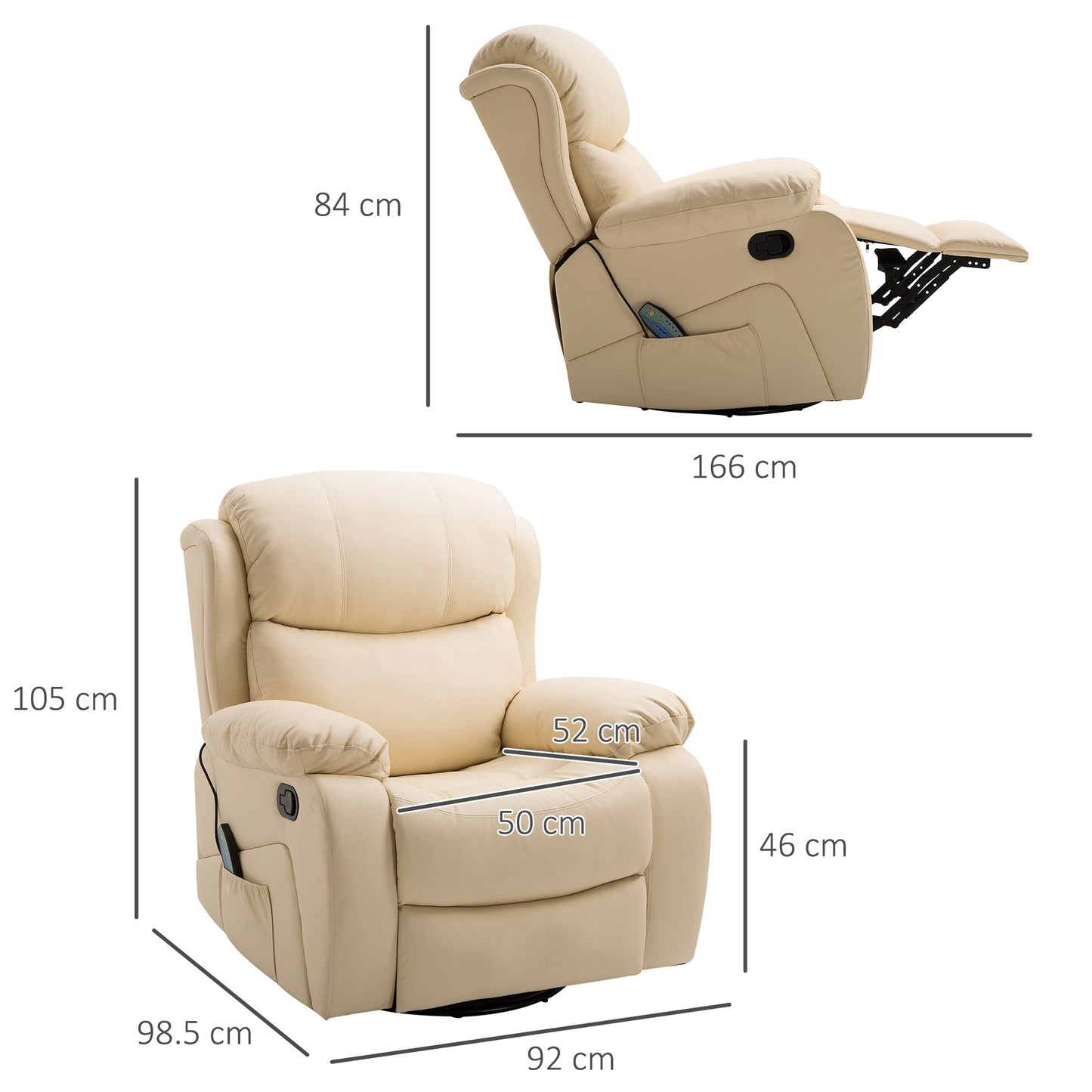 HOMCOM PU Leather Reclining Chair with 8 Massage Points and Heat, Manual Recliner with Swivel Base, Footrest and Remote, Beige
