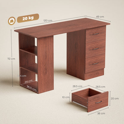 HOMCOM Computer Desk, Writing Table, PC Workstation with 3 Storage Shelves and Drawers, Handle, for Home Office, Walnut Brown