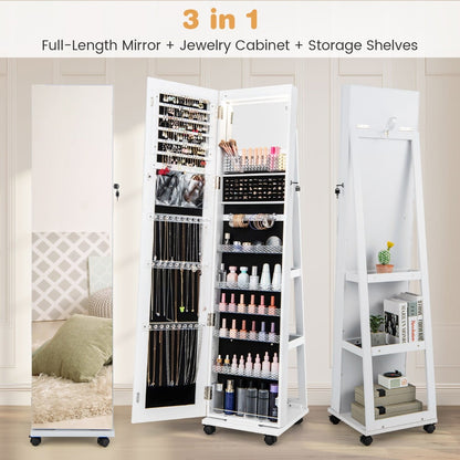 Lockable Jewelry Cabinet Armoire with Built-in Makeup Mirror and 3-Color LED Lights-White