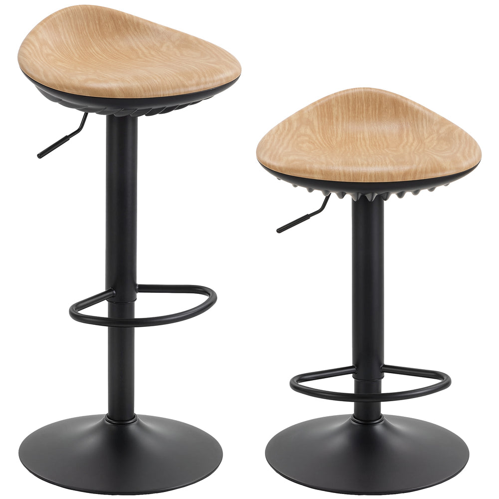 HOMCOM Set of 2 Barstools PU Leather Kitchen Stools with Saddle Seat Height Adjustable Swivel Kitchen Chairs with Footrest Oak