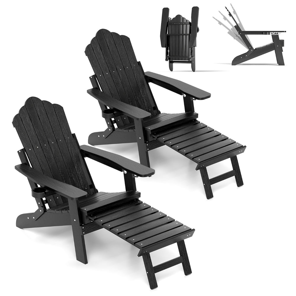 Lounge Patio Adirondack Chair Set of 2 with Retractable Footrest-Black