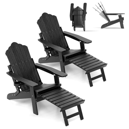 Lounge Patio Adirondack Chair Set of 2 with Retractable Footrest-Black