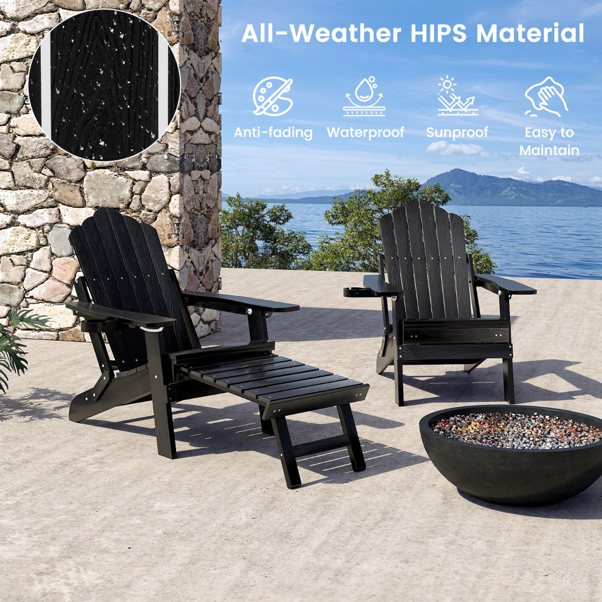 Lounge Patio Adirondack Chair Set of 2 with Retractable Footrest-Black