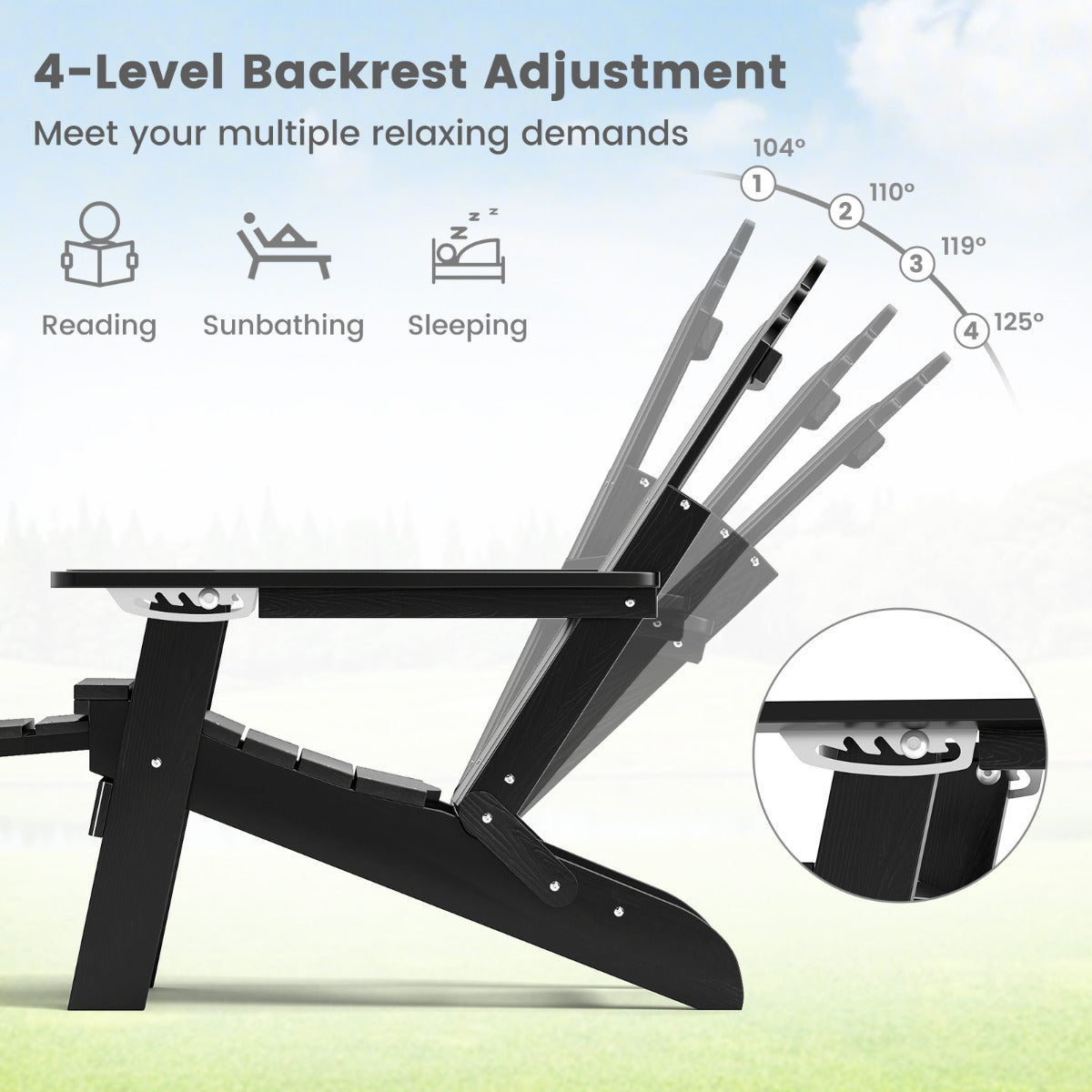 Lounge Patio Adirondack Chair Set of 2 with Retractable Footrest-Black