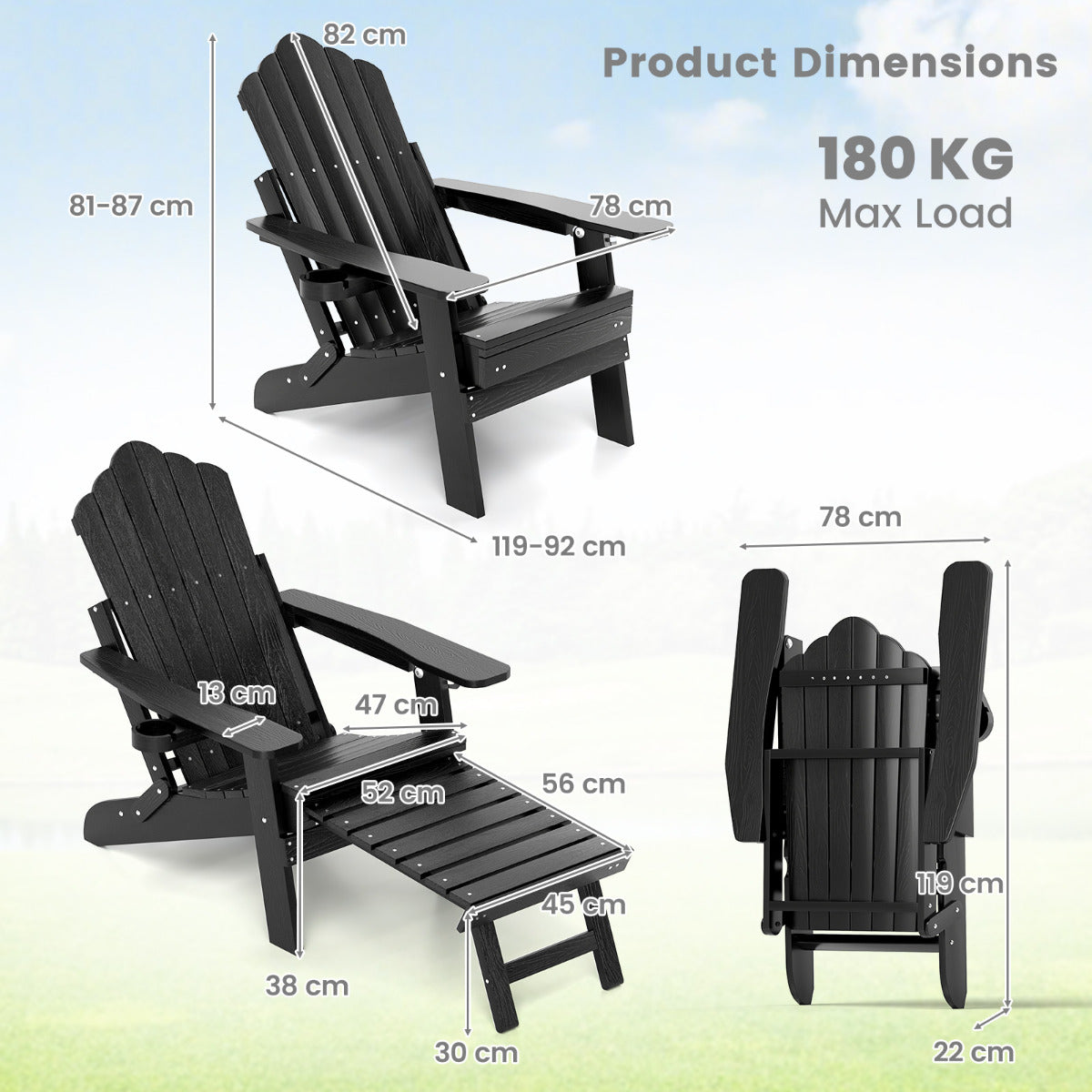 Lounge Patio Adirondack Chair Set of 2 with Retractable Footrest-Black