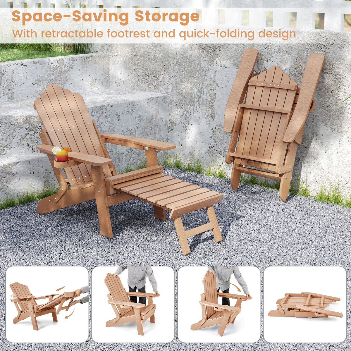 Lounge Patio Adirondack Chair Set of 2 with Retractable Footrest-Brown