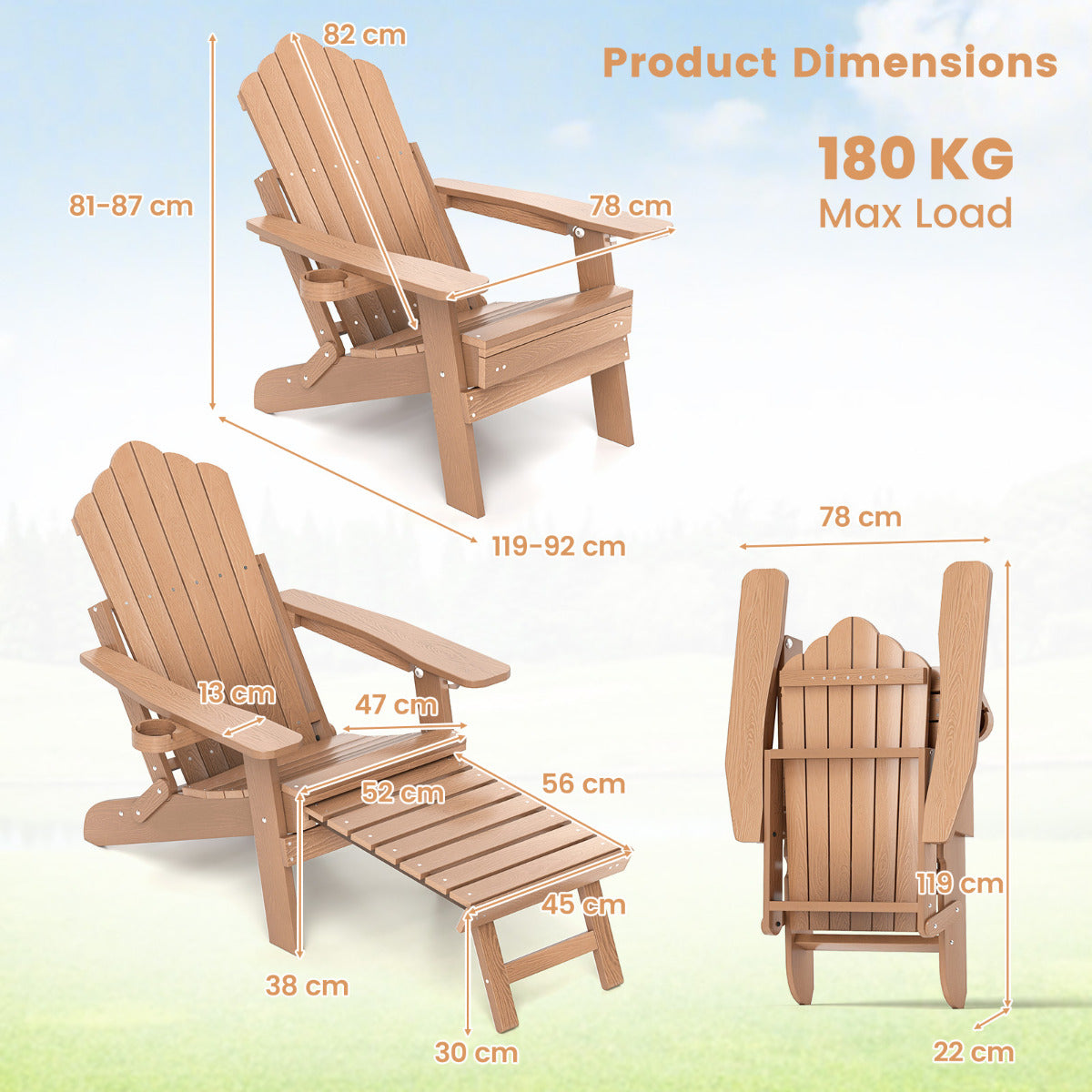 Lounge Patio Adirondack Chair Set of 2 with Retractable Footrest-Brown