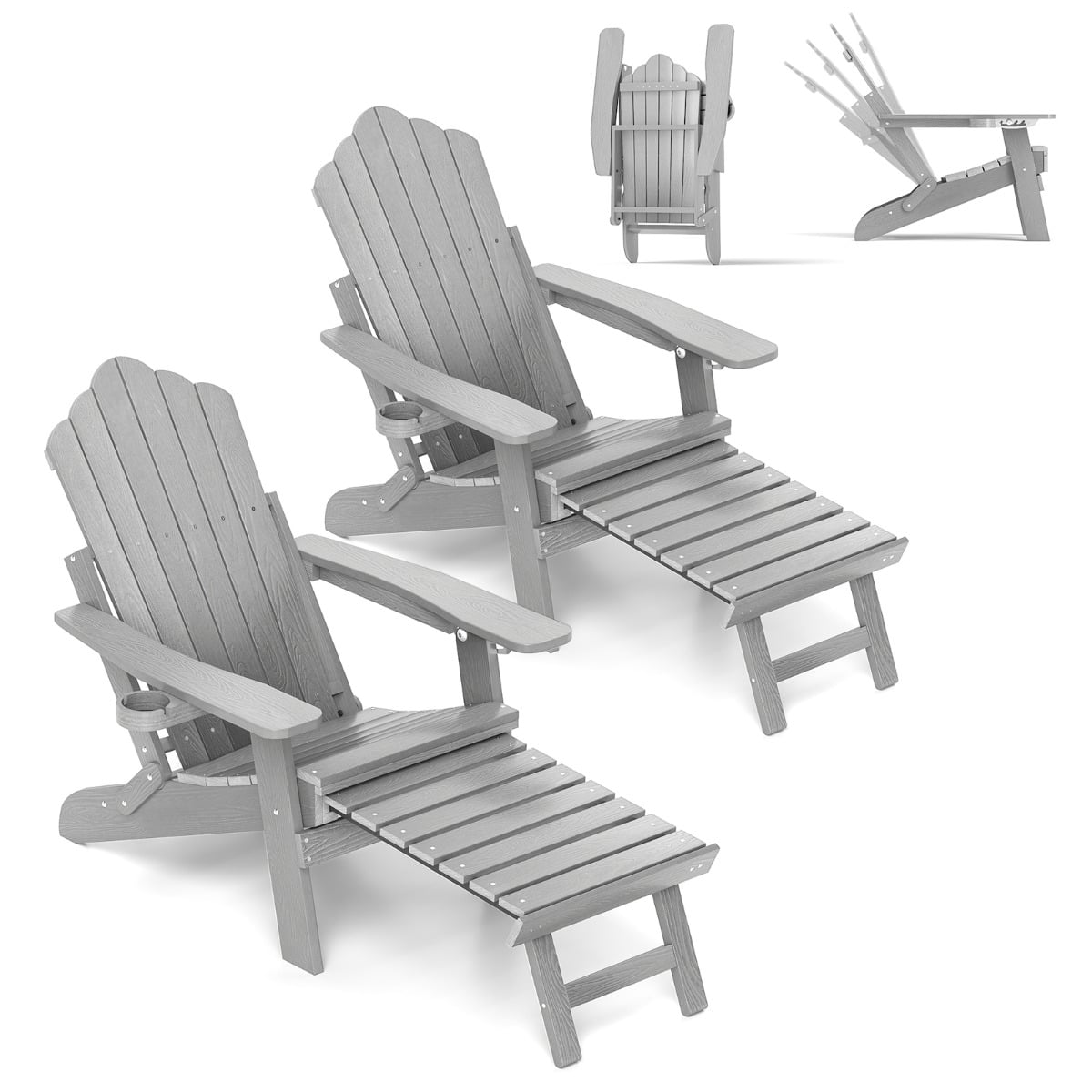 Lounge Patio Adirondack Chair Set of 2 with Retractable Footrest-Grey