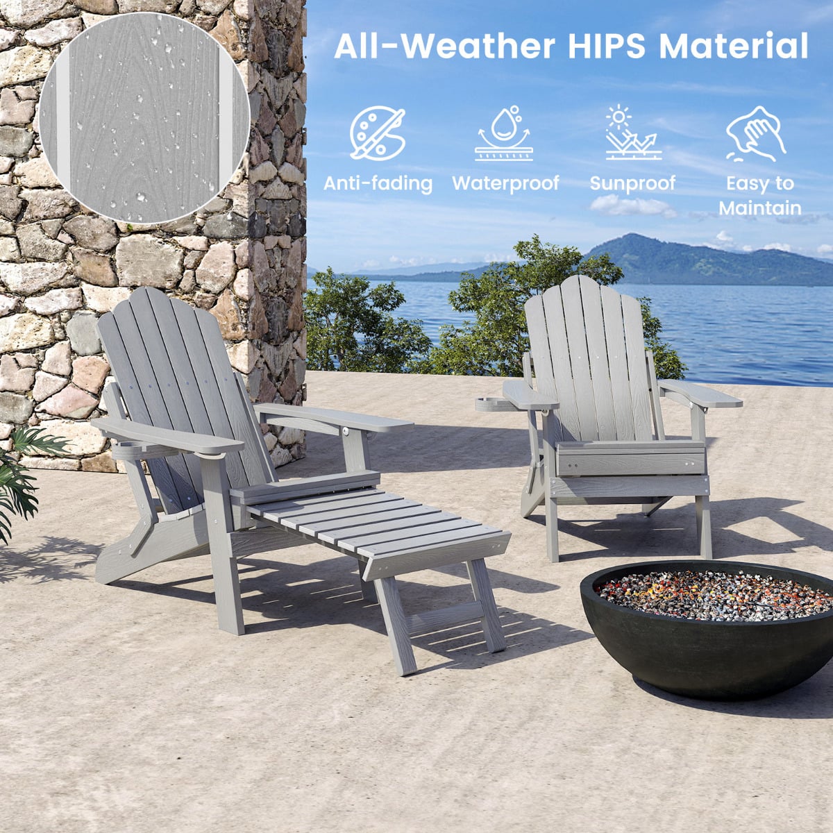 Lounge Patio Adirondack Chair Set of 2 with Retractable Footrest-Grey