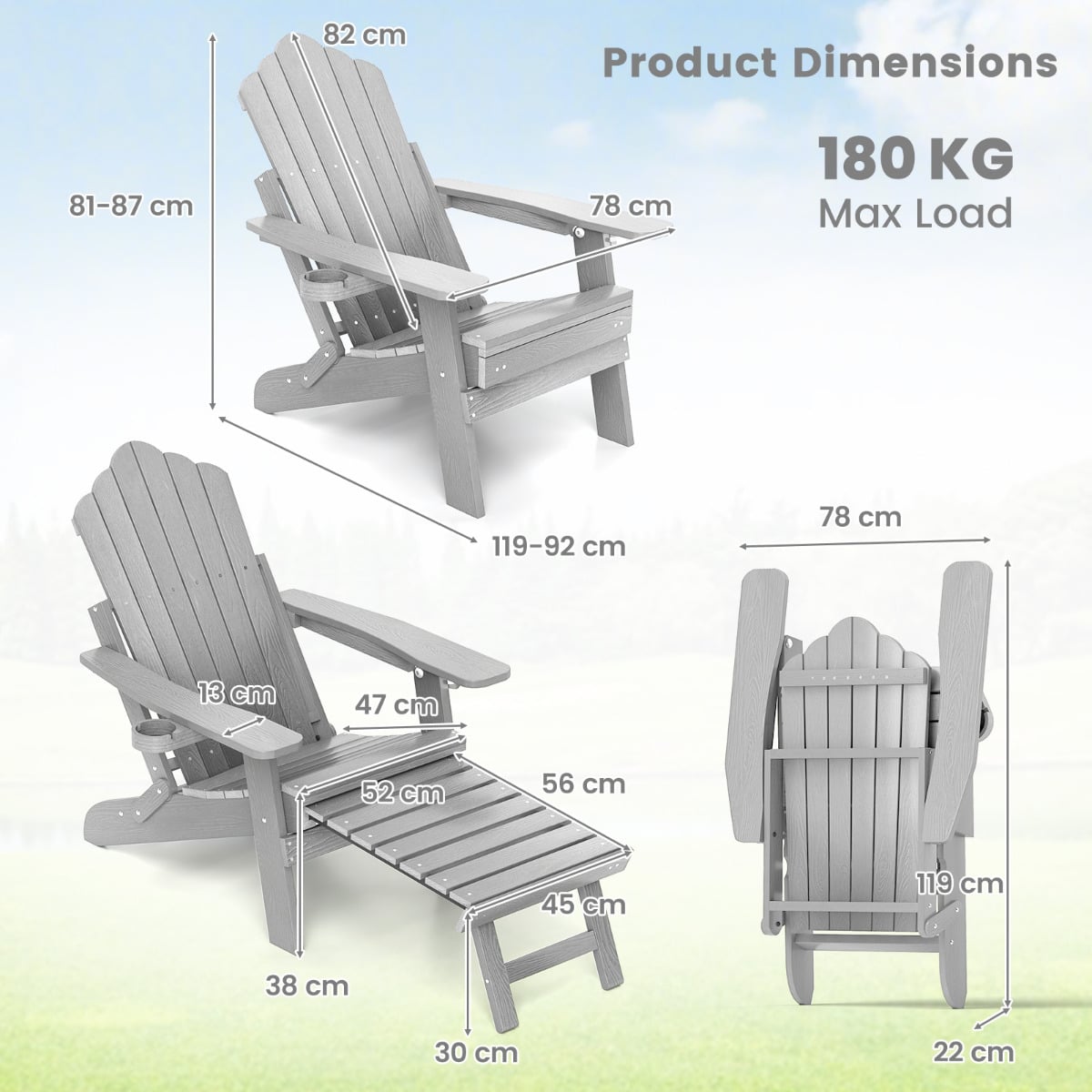 Lounge Patio Adirondack Chair Set of 2 with Retractable Footrest-Grey