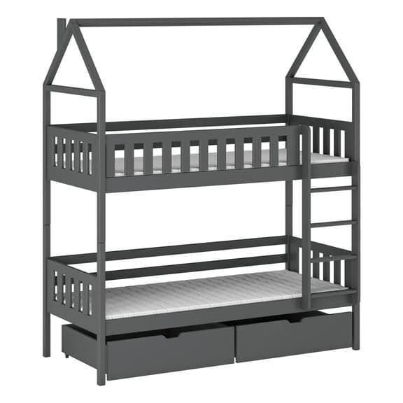 Gray children's bunk bed with house-shaped top and storage drawers on a white background