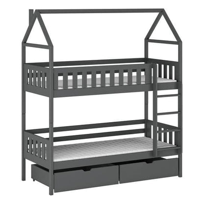 Gray children's bunk bed with house-shaped top and storage drawers on a white background
