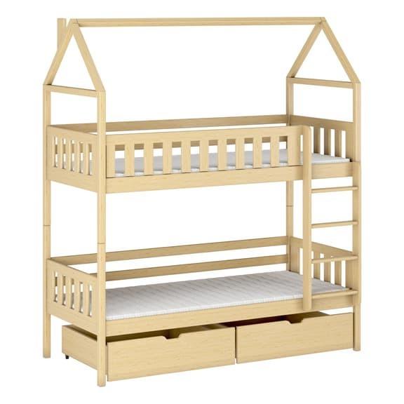 Beige children's house-shaped bed with two mattresses and drawers on a white background