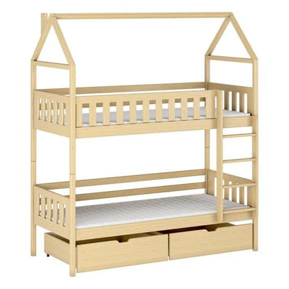 Beige children's house-shaped bed with two mattresses and drawers on a white background