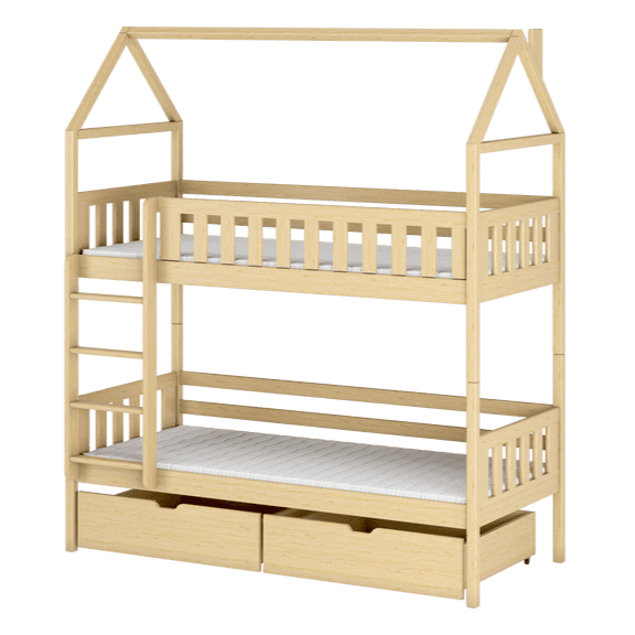 Beige children's bunk bed with house-shaped top and white mattress on a white background