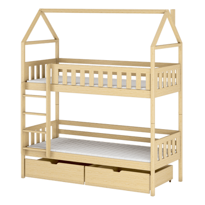 Beige children's bunk bed with house-shaped top and white mattress on a white background