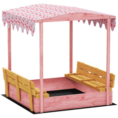 AIYAPLAY Wooden Sandbox with Lid, Flamingos Print Canopy, Kids Outdoor Sand Pit with Foldable Bench Seats, Bottom Liner, Pink