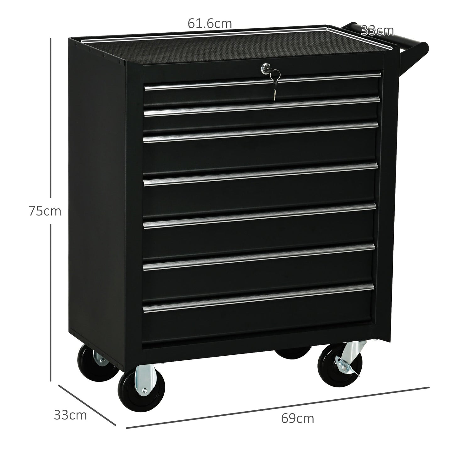 DURHAND 7-Drawer Rolling Tool Chest on Wheels, Lockable Tool Cabinet with Side Handle, Metal Tool Box Trolley for Garage, Workshop, Matte Black