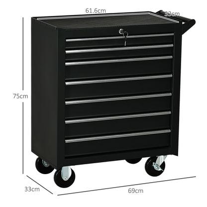 DURHAND 7-Drawer Rolling Tool Chest on Wheels, Lockable Tool Cabinet with Side Handle, Metal Tool Box Trolley for Garage, Workshop, Matte Black