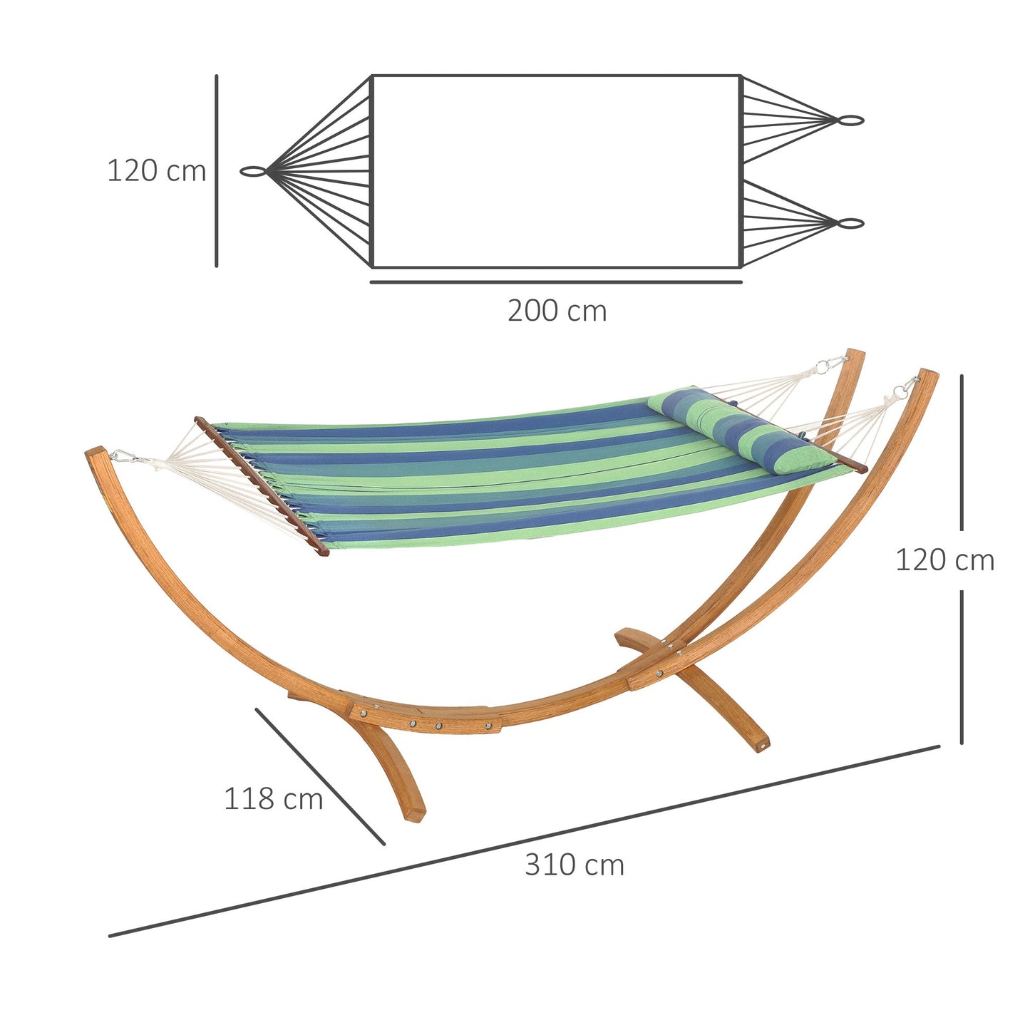 Outsunny Outdoor Hammock with Stand, Garden Hammock with Triple-Head Eucalyptus Wood Arc Frame, 1 Person Cotton Bed and Head Pillow, Freestanding Garden Swing Bed for Patio, Blue Stripe