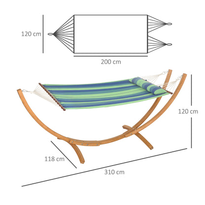 Outsunny Outdoor Hammock with Stand, Garden Hammock with Triple-Head Eucalyptus Wood Arc Frame, 1 Person Cotton Bed and Head Pillow, Freestanding Garden Swing Bed for Patio, Blue Stripe