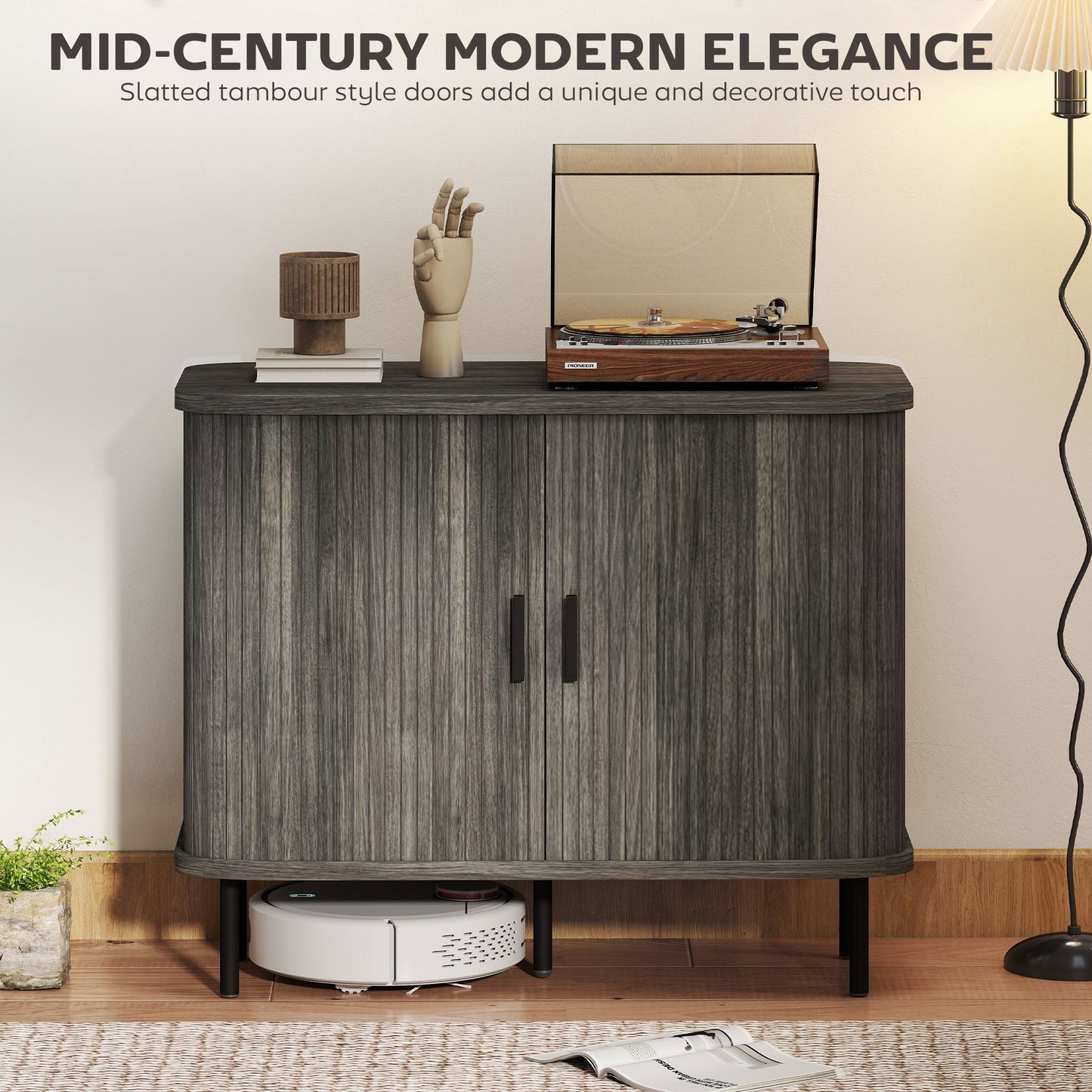 HOMCOM Mid-Century Modern Sideboard Storage Cabinet with Slatted Tambour Sliding Doors, Kitchen Cabinet with Steel Legs, Grey