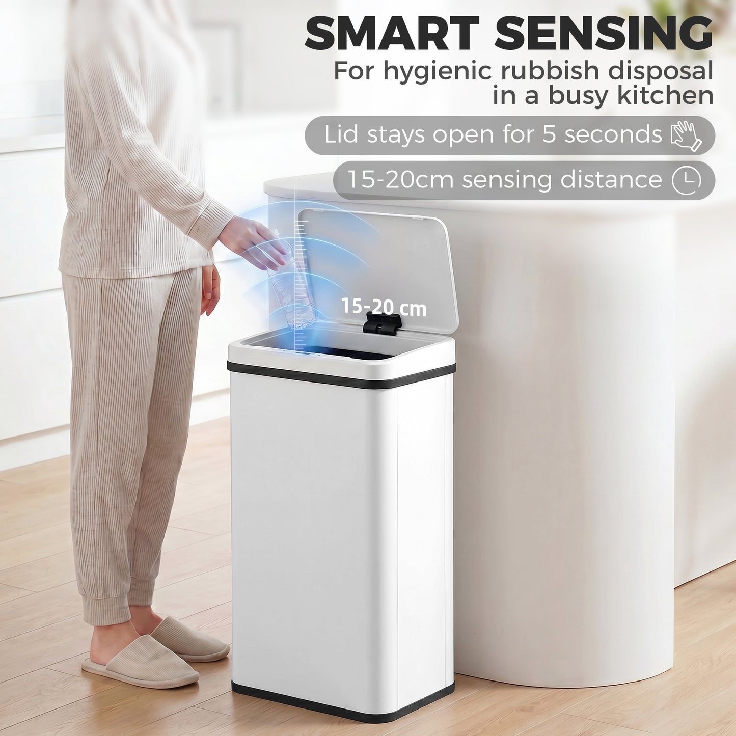 HOMCOM 50L Sensor Bin with Soft-Close Lid, Stainless Steel Automatic Touchless Motion Sensor Kitchen Bin, White