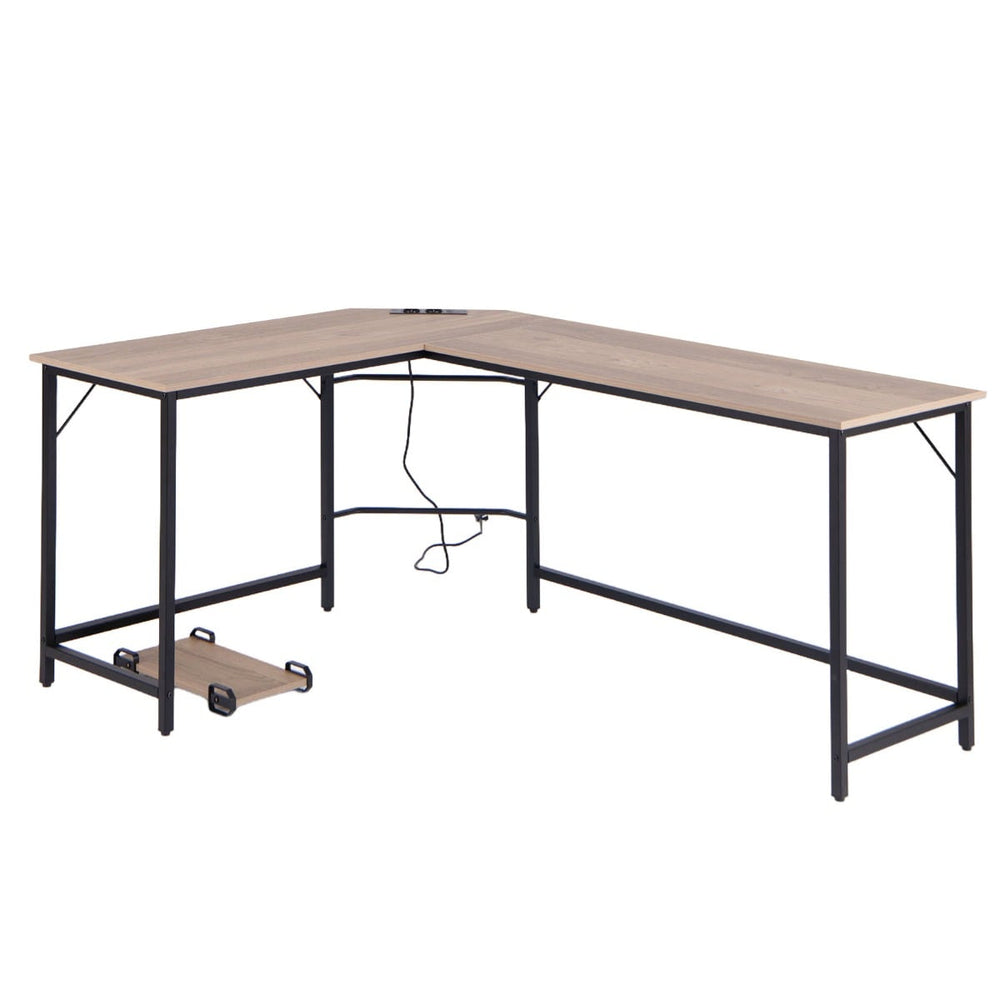 L-Shaped Desk with Power Outlet CPU Stand and Heavy-duty Metal Frame-Natural
