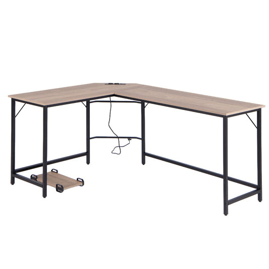 L-Shaped Desk with Power Outlet CPU Stand and Heavy-duty Metal Frame-Natural