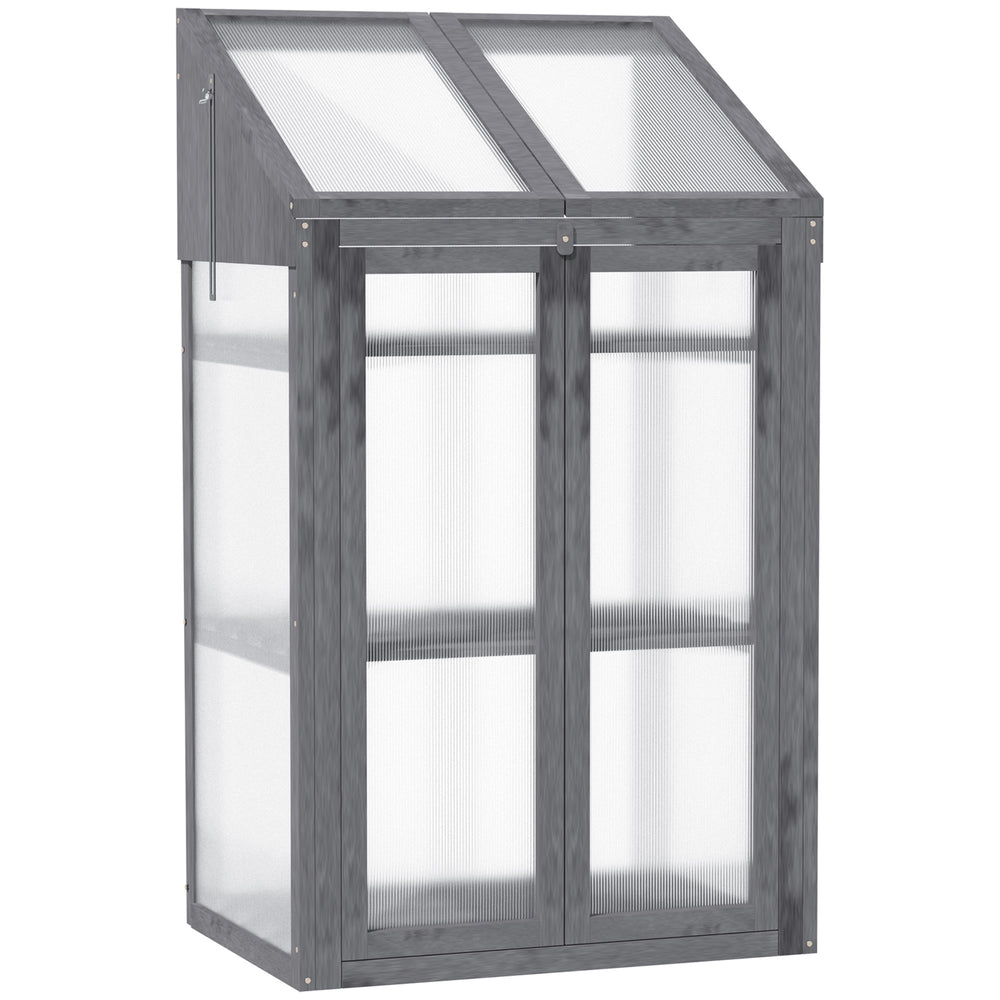 Outsunny Wooden Cold Frame Polycarbonate Greenhouse with Openable Top Cover and Double Door, Grow House for Flower, Vegetable and Plants, 70 x 50 x 120cm, Grey