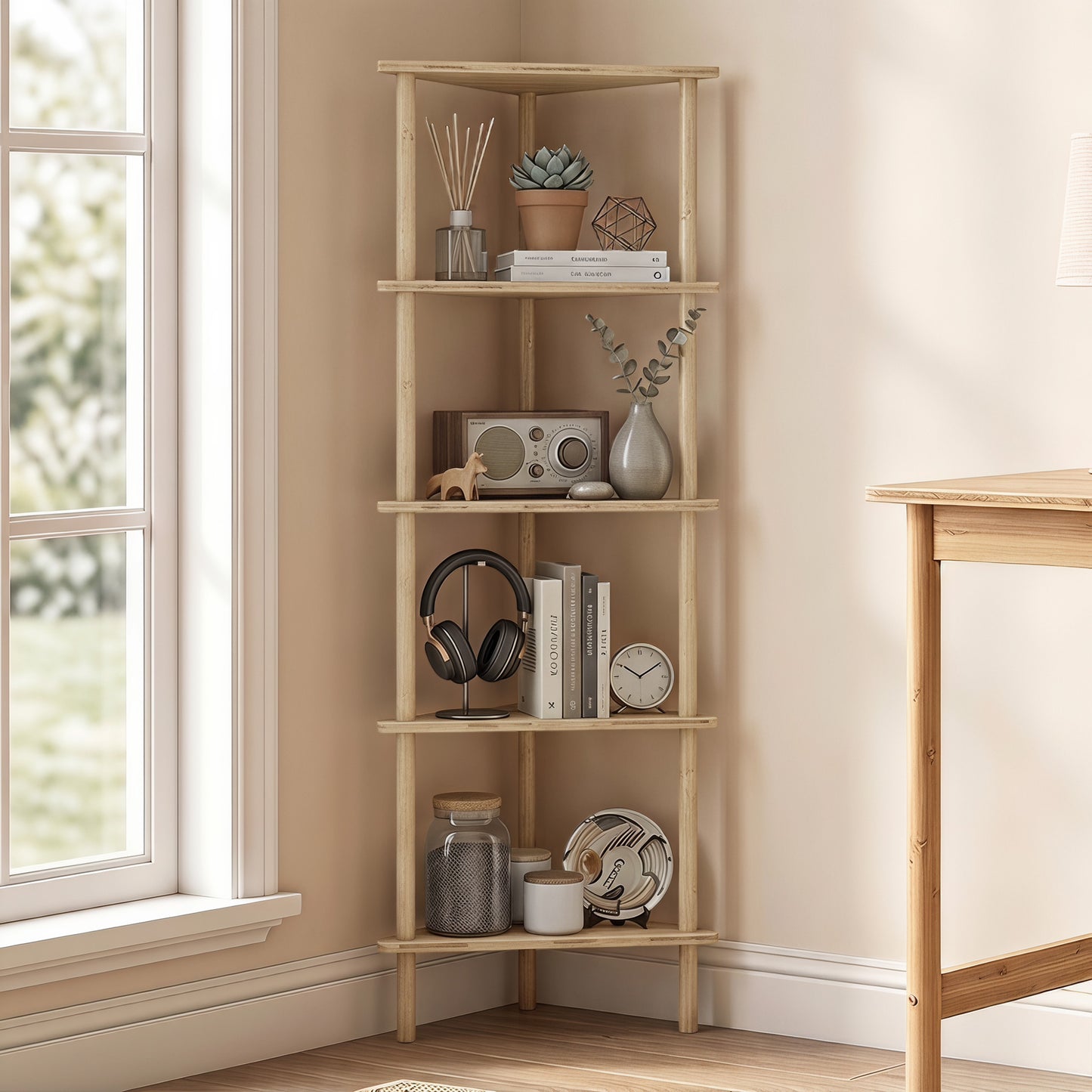 HOMCOM Bamboo Storage Shelf, 5-tier Corner Shelf, Freestanding Shelving Unit for Living Room, Home Office, Natural Wood Finish