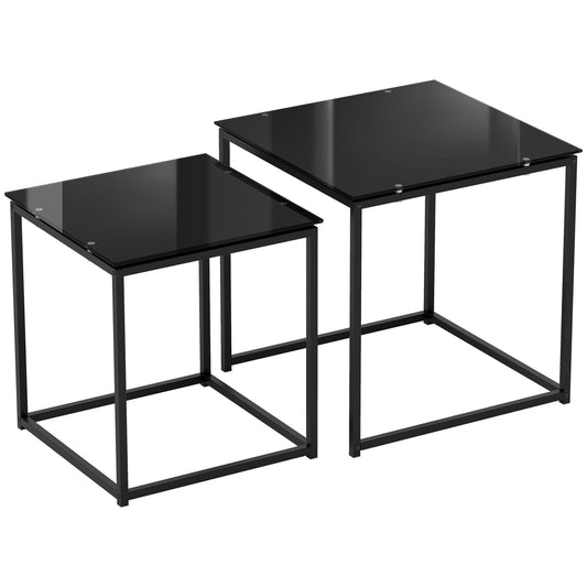 HOMCOM Nest of Tables, Set of 2 Coffee Table, Side Tables with Tempered Glass Desktop and Metal Frame for Living Room, Bedroom, Office, Black