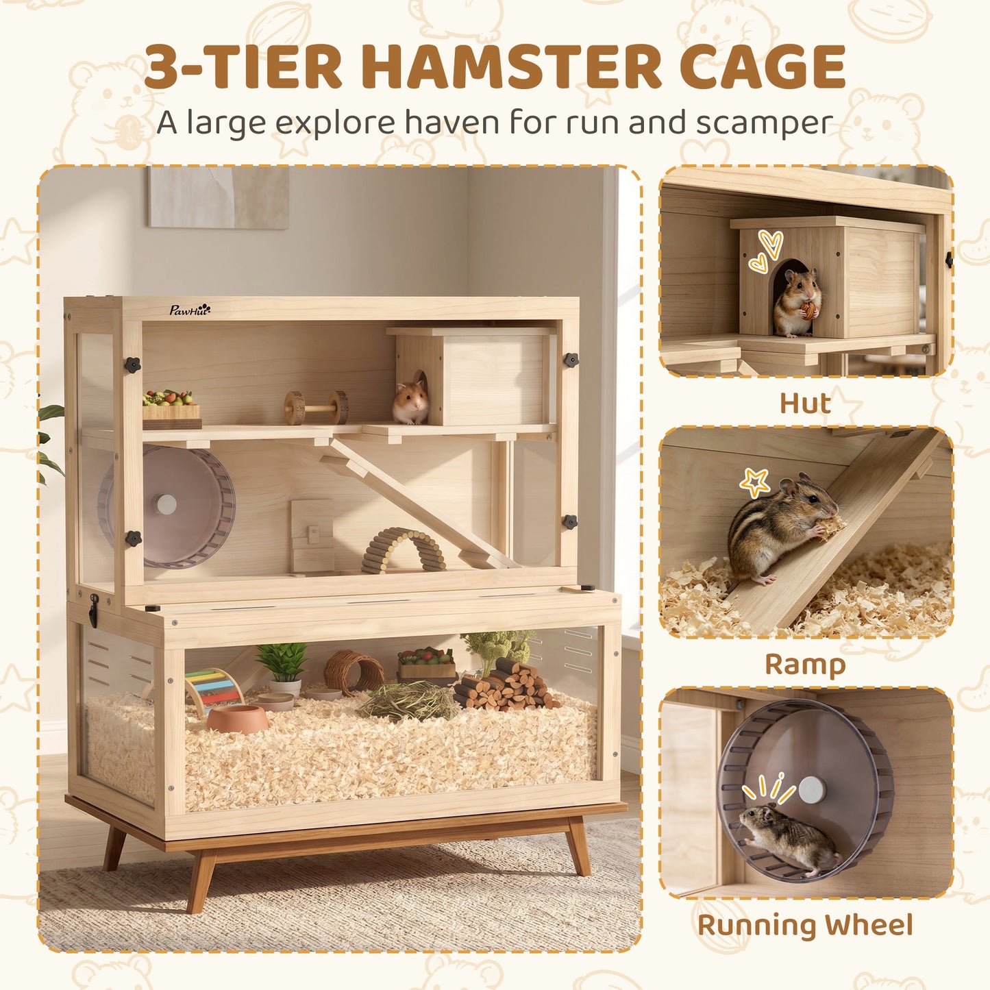 PawHut Wooden Hamster Cage with Hut, Wheel, Ramps, Removable Viewing Panels, 80 x 50 x 84 cm, Natural