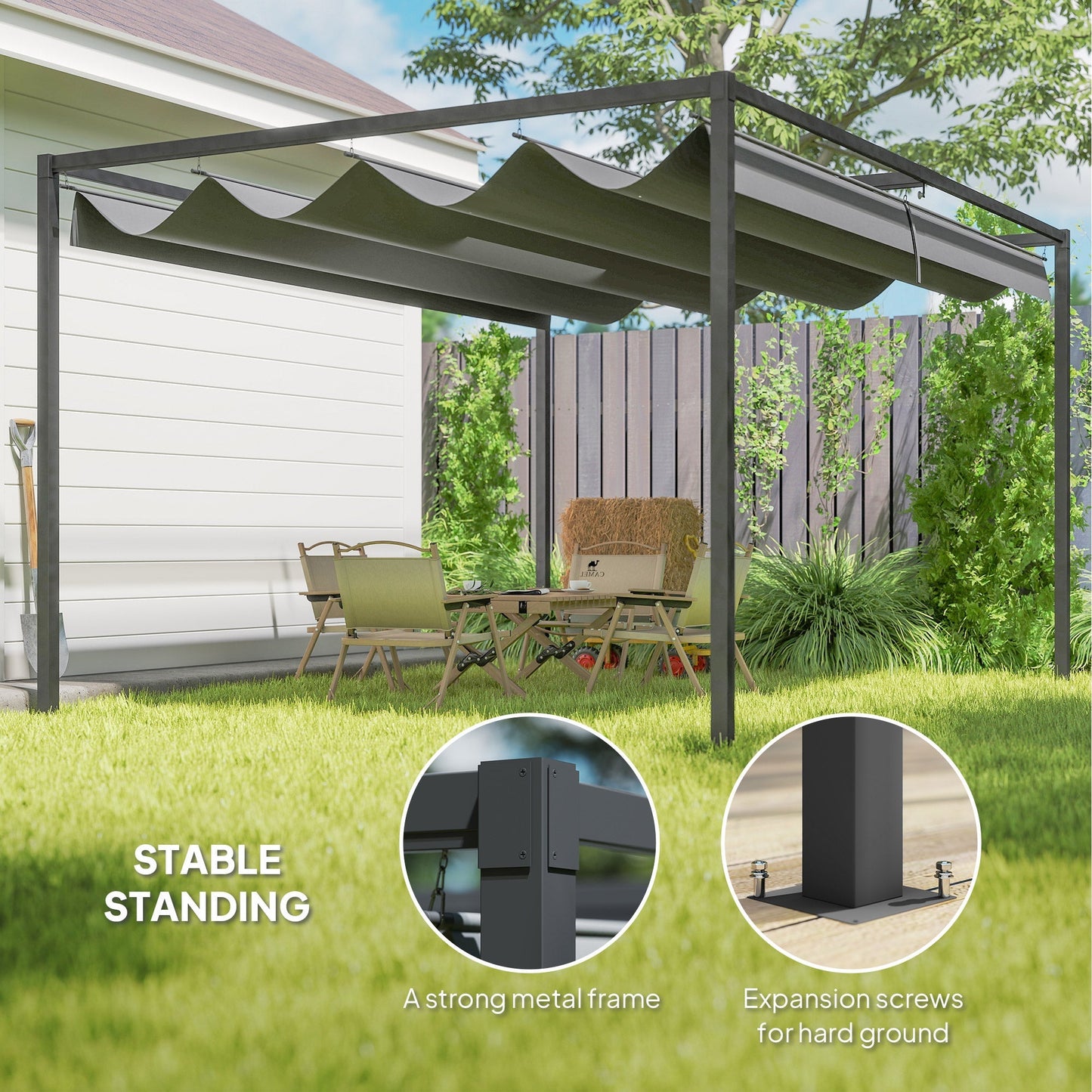 Outsunny 4 x 3(m) Metal Outdoor Pergola with Retractable Roof, Outdoor Gazebo with Drainage Holes for Garden, Patio, Lawn, Grey