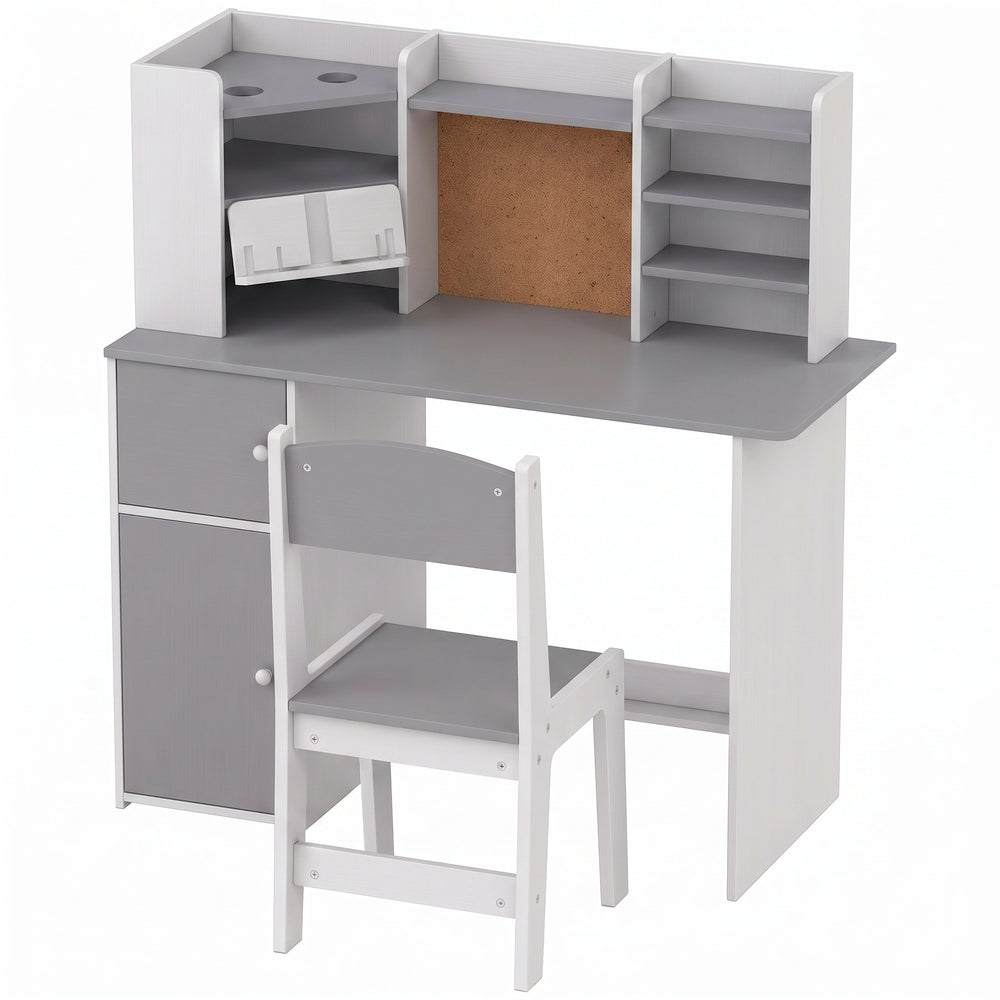 AIYAPLAY Kids Desk and Chair Set Storage Shelves Kids Desk Adjustable Tablet Stand Cork Board Pen Holder Grey