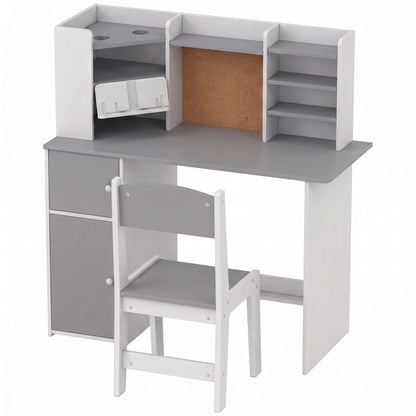AIYAPLAY Kids Desk and Chair Set Storage Shelves Kids Desk Adjustable Tablet Stand Cork Board Pen Holder Grey