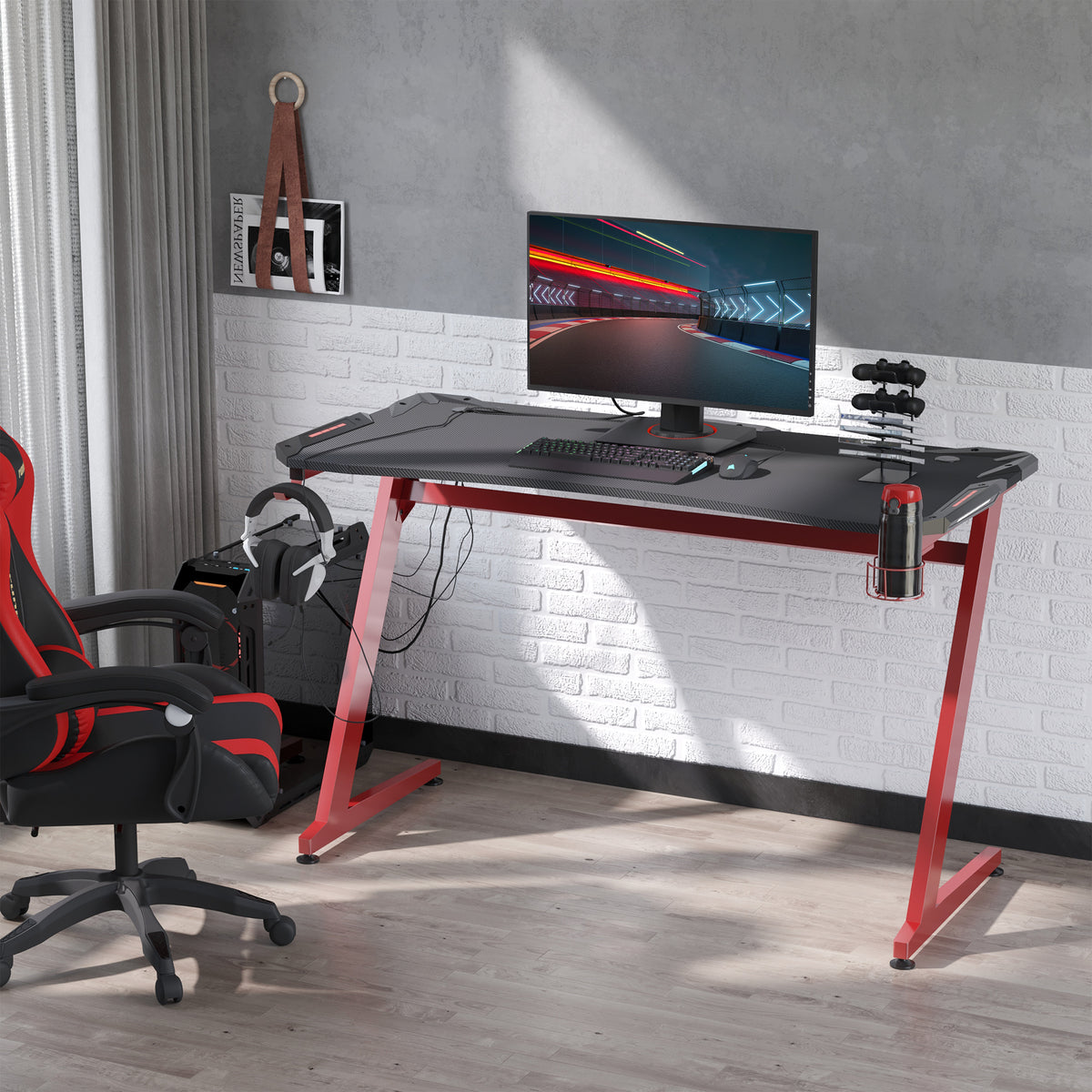 HOMCOM 142 x 66 cm Gaming Desk, Carbon Fibre Covered Computer Desk, Gamer Workstation with Headphone Hook, Cup Holder and Gamepad Storage Rack, Black and Red