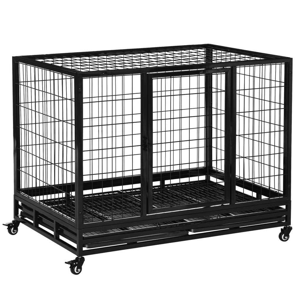 PawHut 43" Heavy Duty Metal Dog Crate Pet Cage with Tray Wheeled Dog Kennel