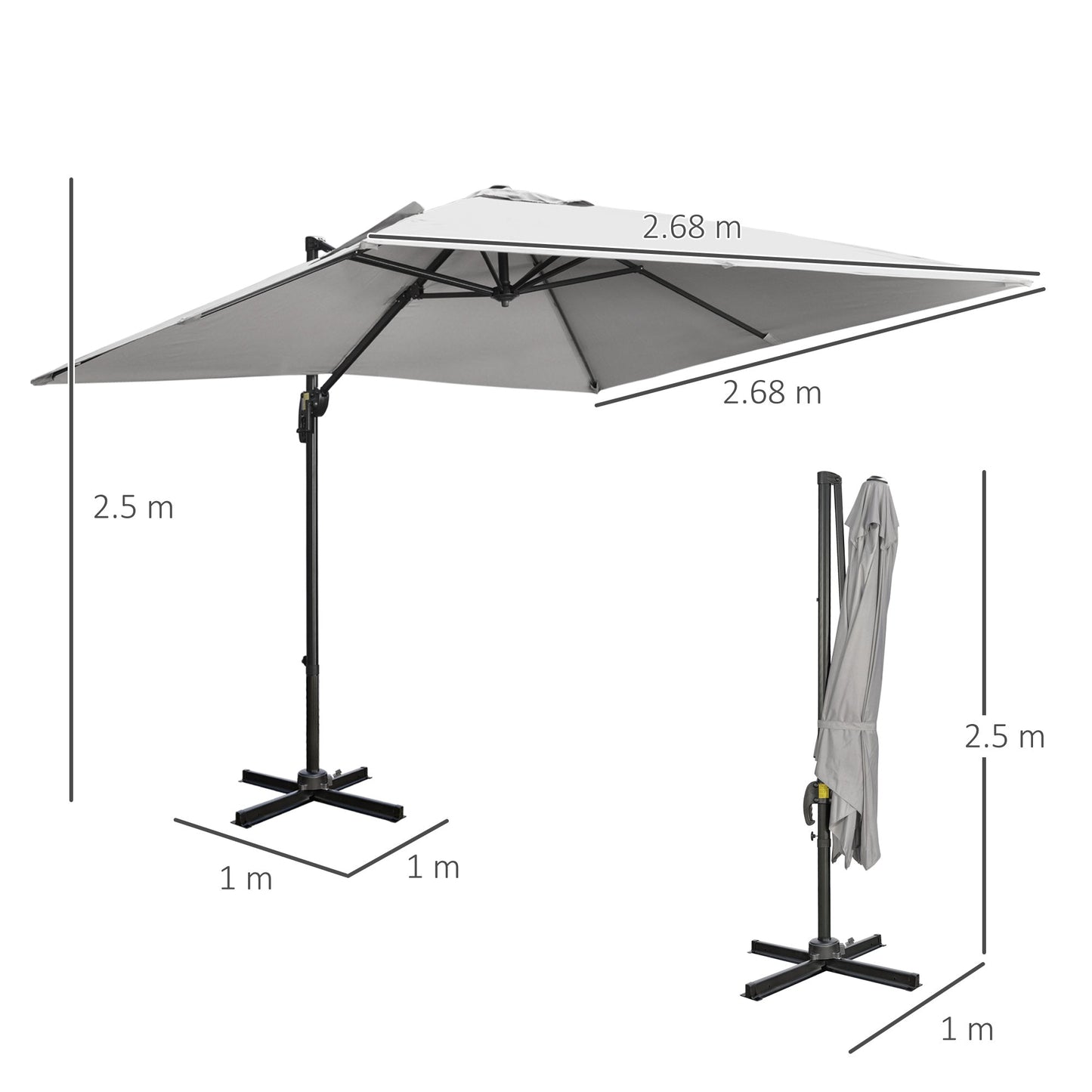 Outsunny 2.7 x 2.7 m Cantilever Parasol, Square Overhanging Umbrella with Cross Base, Crank Handle, Tilt, 360 degrees Rotation and Aluminium Frame, Grey