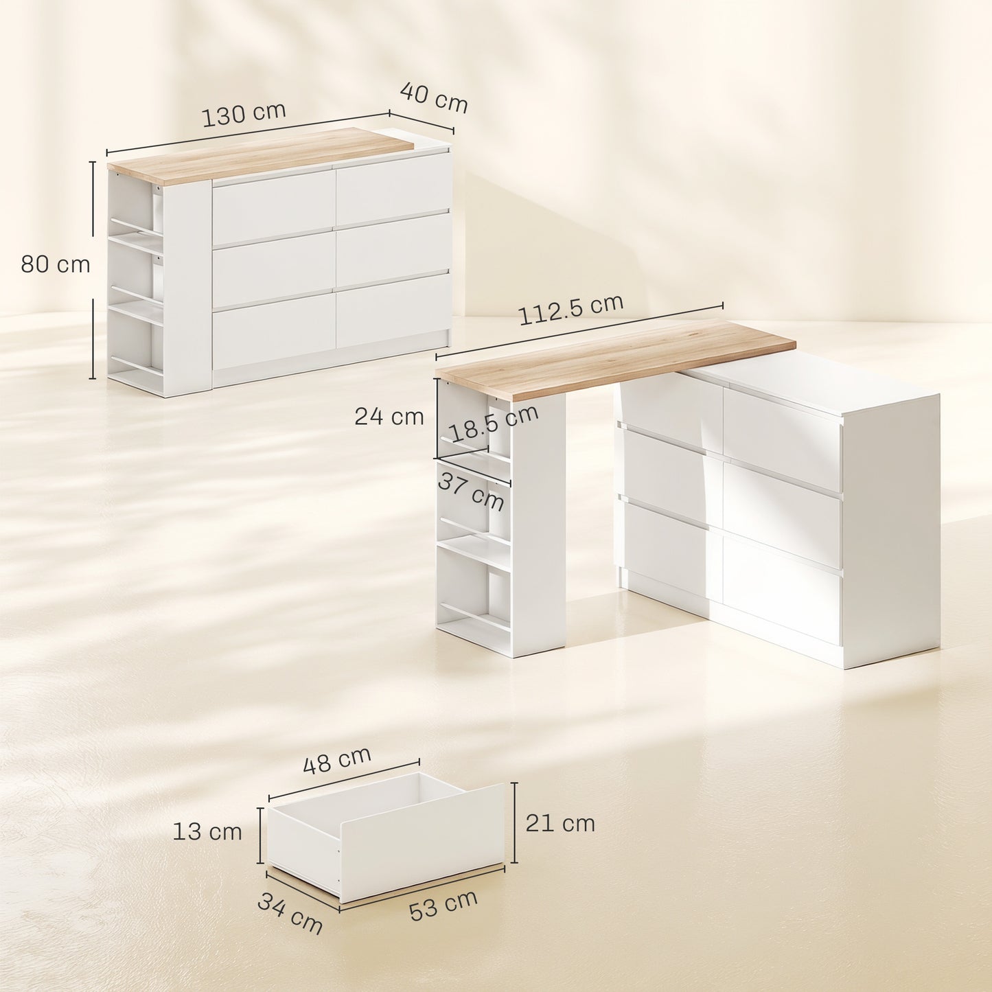 HOMCOM Vanity Table, Dressing Table with 6 Drawers and 3-Tier Shelf for Women and Girls, White