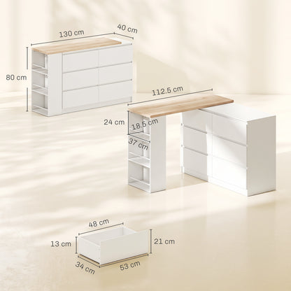 HOMCOM Vanity Table, Dressing Table with 6 Drawers and 3-Tier Shelf for Women and Girls, White