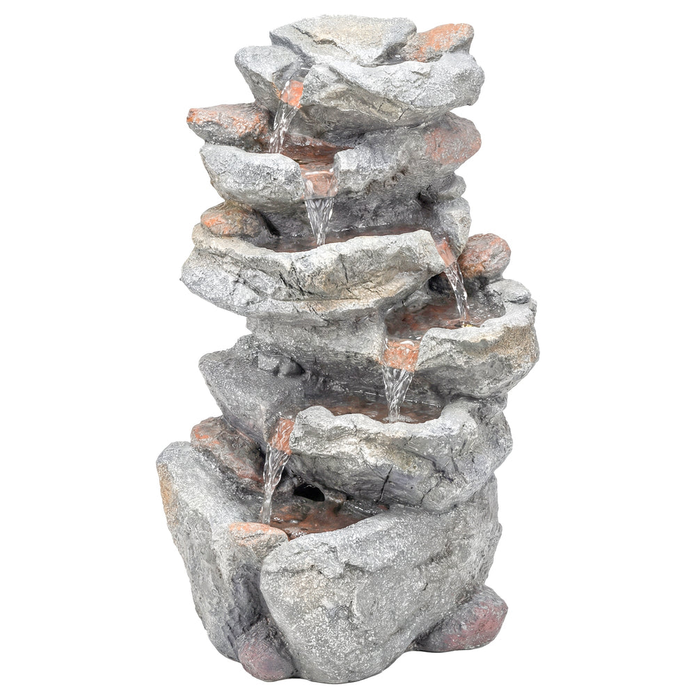 Outsunny Outdoor Water Fountain with 6-Tier Rock Style, Cascading Waterfall Feature with LED Lights, Adjustable Flow, Grey